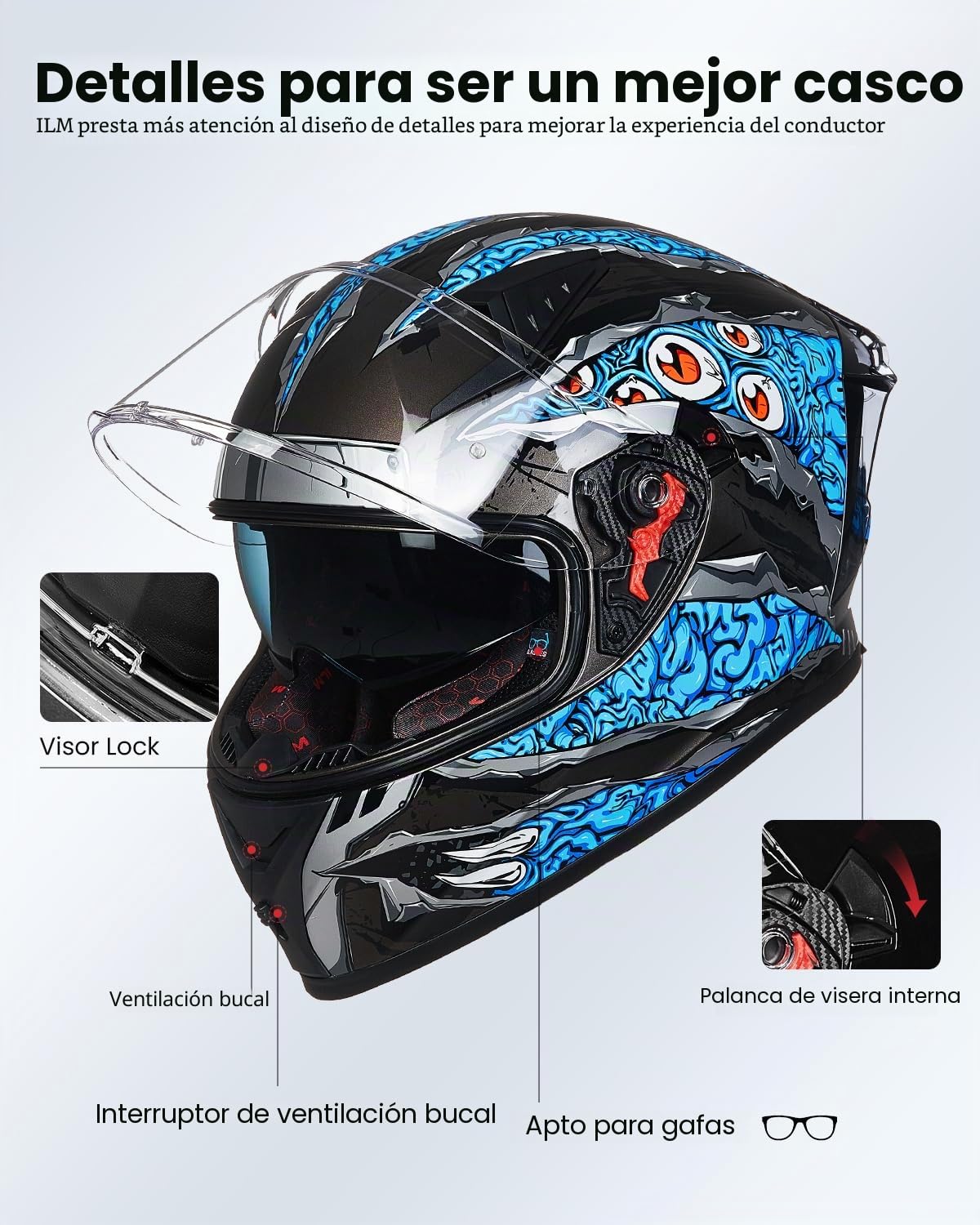 ILM Casco Moto Integral para Hombre y Mujer-Casco Moto con 2 Visores Compatible con Pinlock Transparente y Tintado-Street Bike Motocross Casco DOT&ECE Modelo Z501, Manta Blue, L