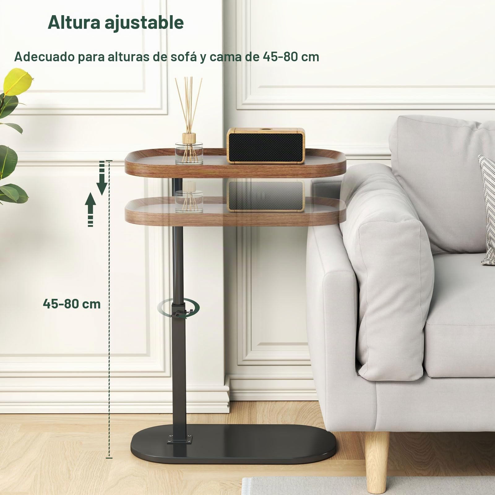 Mesa Auxiliar en Forma de C, Regulable en Altura y Giratoria 360°, Mesa Lateral Moderna y Móvil de Madera para Sofá y Café
