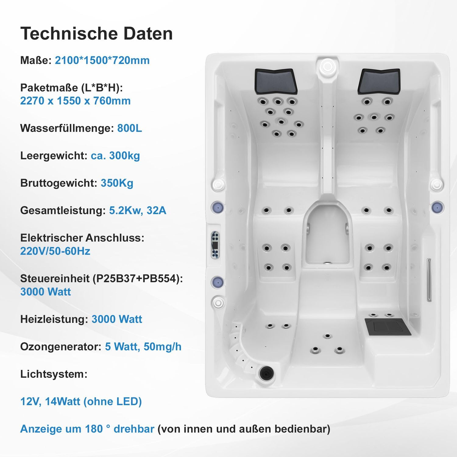 Tronitechnik Outdoor Whirlpool Spa ELBA Außen Whirlpool weiß 210cm x 150cm mit Heizung, Hydromassage, Sanitäracryl und Farblichtherapie