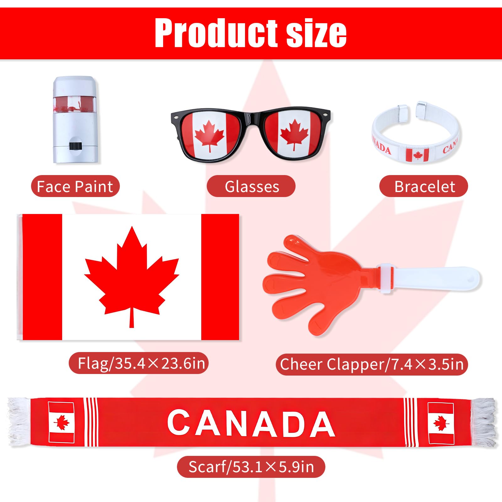 Soccer Fan Gear Set - 2026 World Soccer Sport Cup Party Supplies with Canada Flag, Decorative Glasses, Face Paint, Cheer Clapper, CAN Bracelet, and Canada Scarf for World Cup Decorations - 2