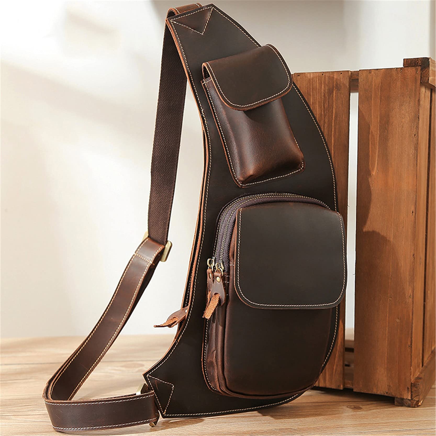 Mannen Originele Lederen Casual Mode Borst Sling Bag Bruin Ontwerp Reizen Driehoek Een Schouder Cross body Bag Dagrugzak Mannelijke