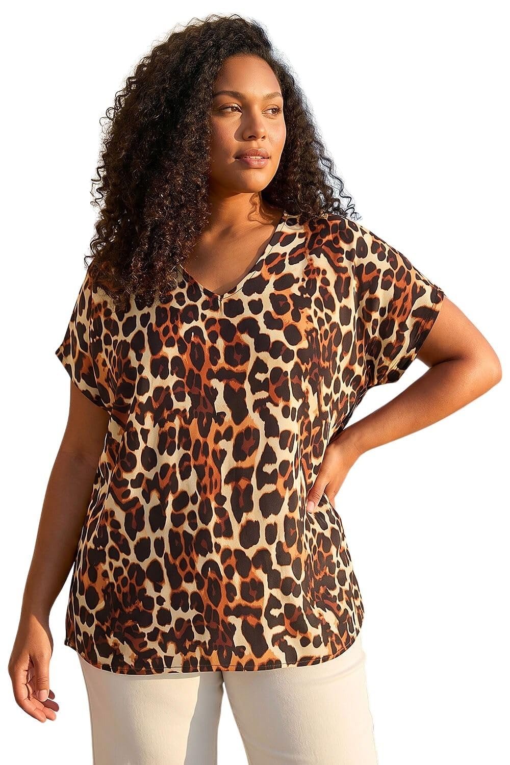 Roman Curve Animal Print Woven Top for Women UK - Ladies Everyday Holiday Spring Summer V-Neckline Comfy Soft Evening Vacation Work Party - Natural Plus - Size 2224
