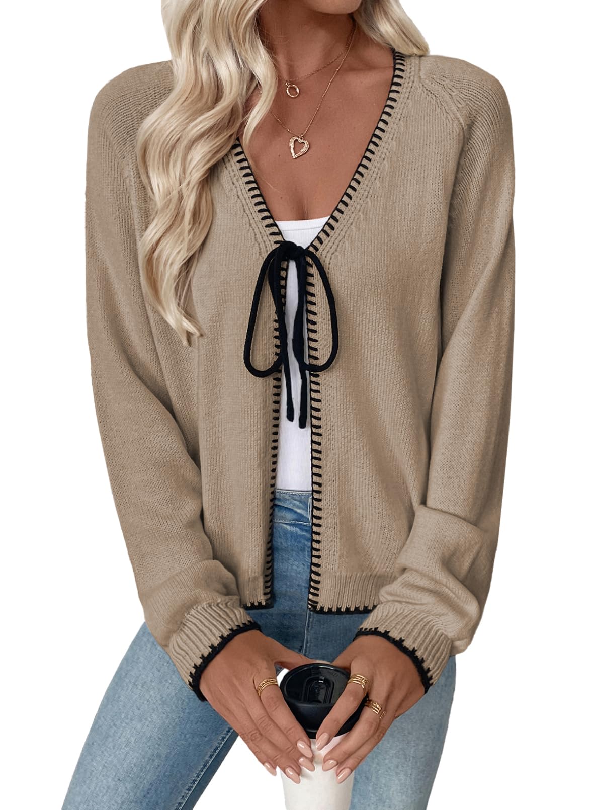 Womens Cardigan Sweaters Trendy V Neck Long Sleeve Open Front Bow Tie Knit Chunky Lightweight Fall Outerwear-image-46