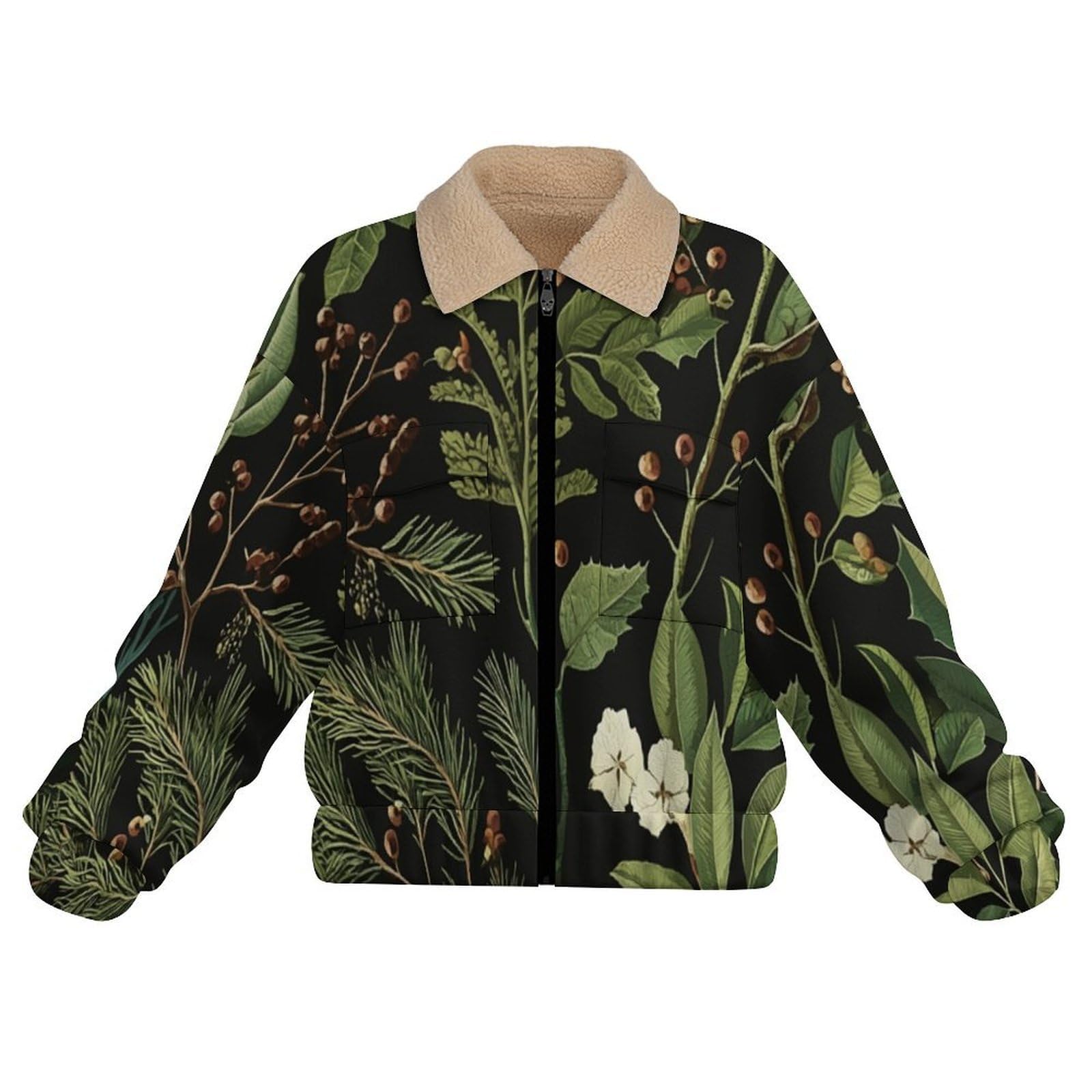 Giacca in Pile Caldi da Donna, Pianta Moda con Stampa a Foglie di agrifoglio e pigne, Invernale, a Maniche Lunghe, con Chiusura Lampo, Spessa, Comoda, con Tasche