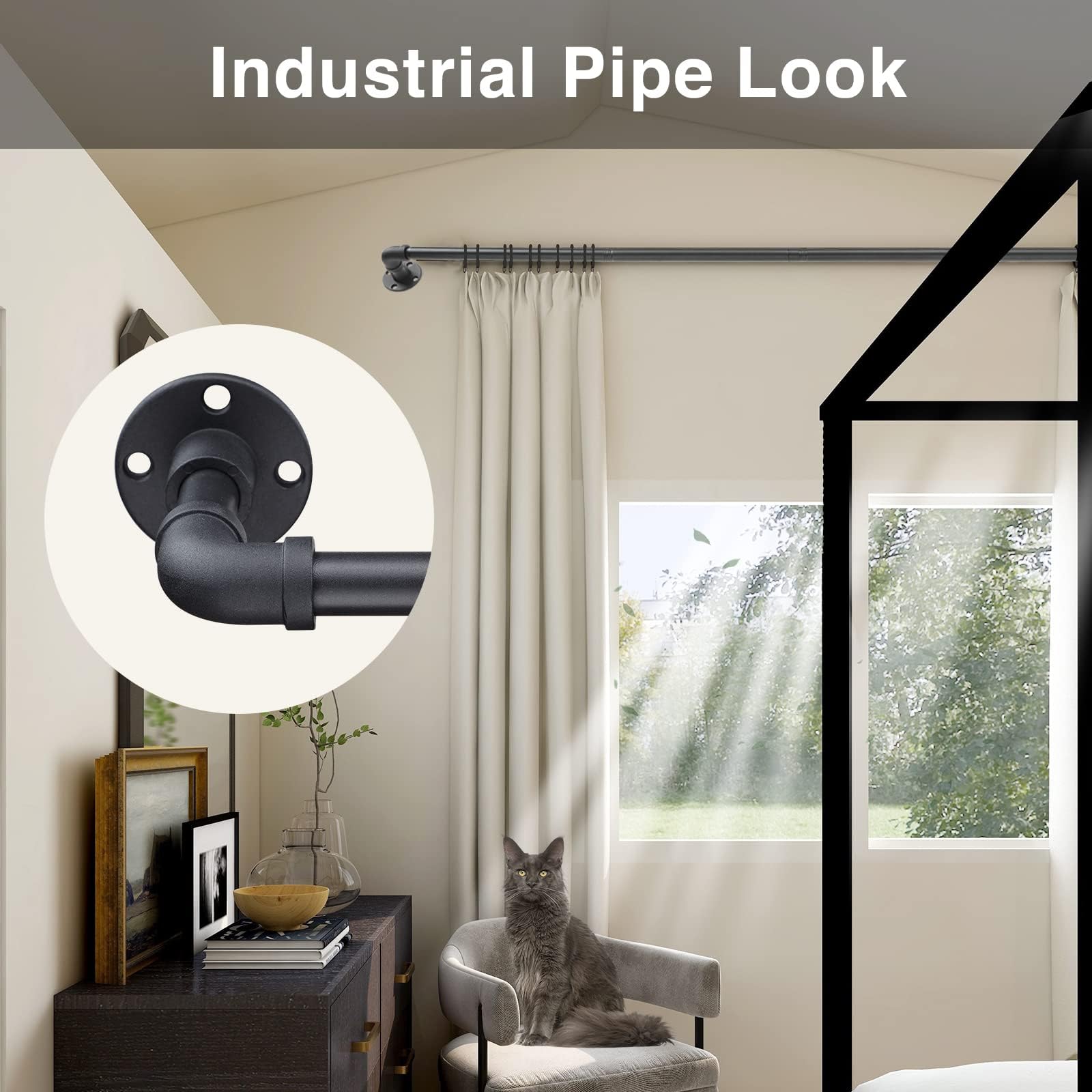Industrielle Gardinenstangen – mattschwarze Rohr-Gardinenstange für Fenster 121,9 cm bis 254 cm – 2,5 cm robuste Verdunkelungsvorhangstange Set für Raumteiler – rustikale Gardinenstangen für den