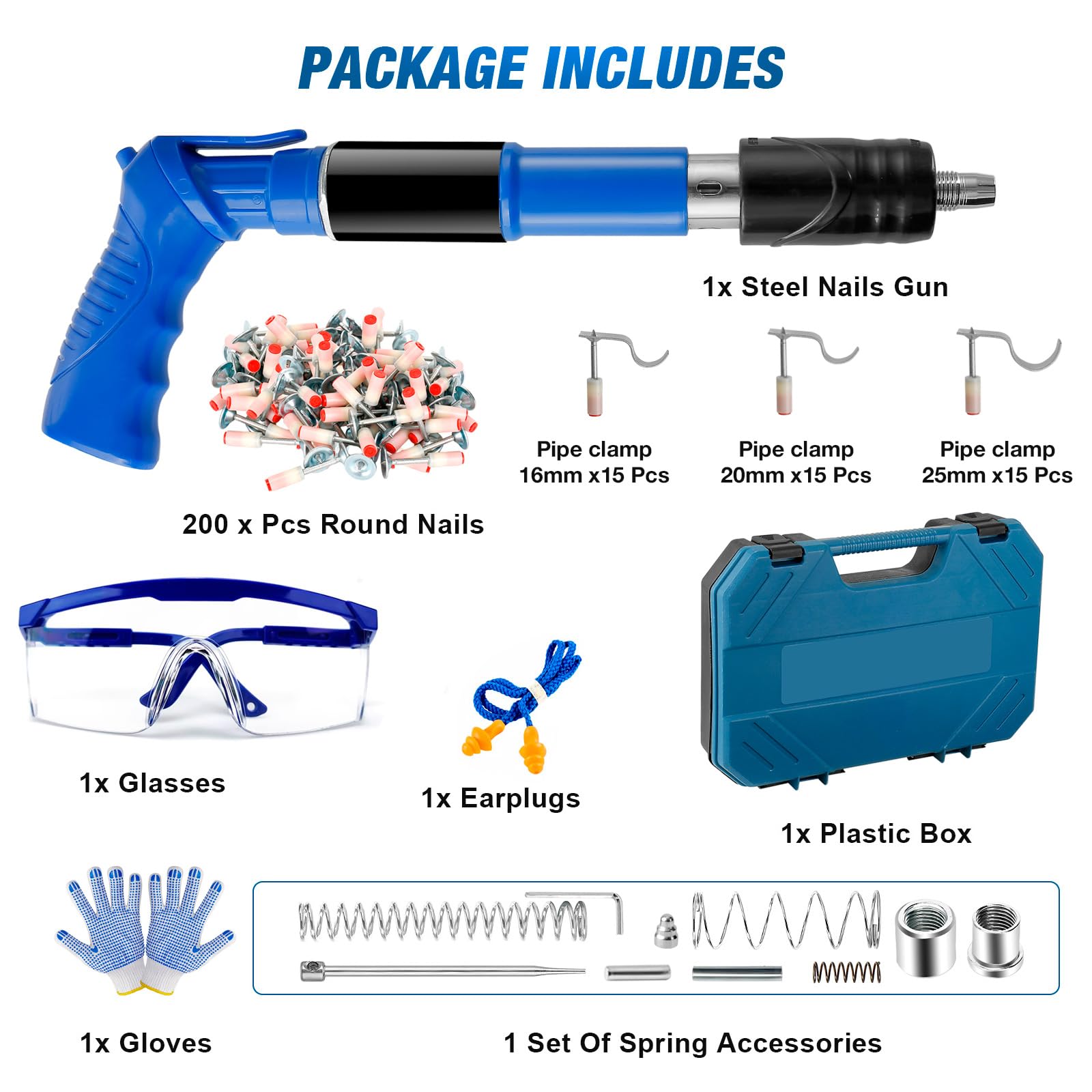 Pistola de uñas con 245 clavos redondos, herramienta de remachado de 5 marchas, pistola de clavos para pared de hormigón, pistola de uñas con caja de plástico para pared de cemento, carpintería