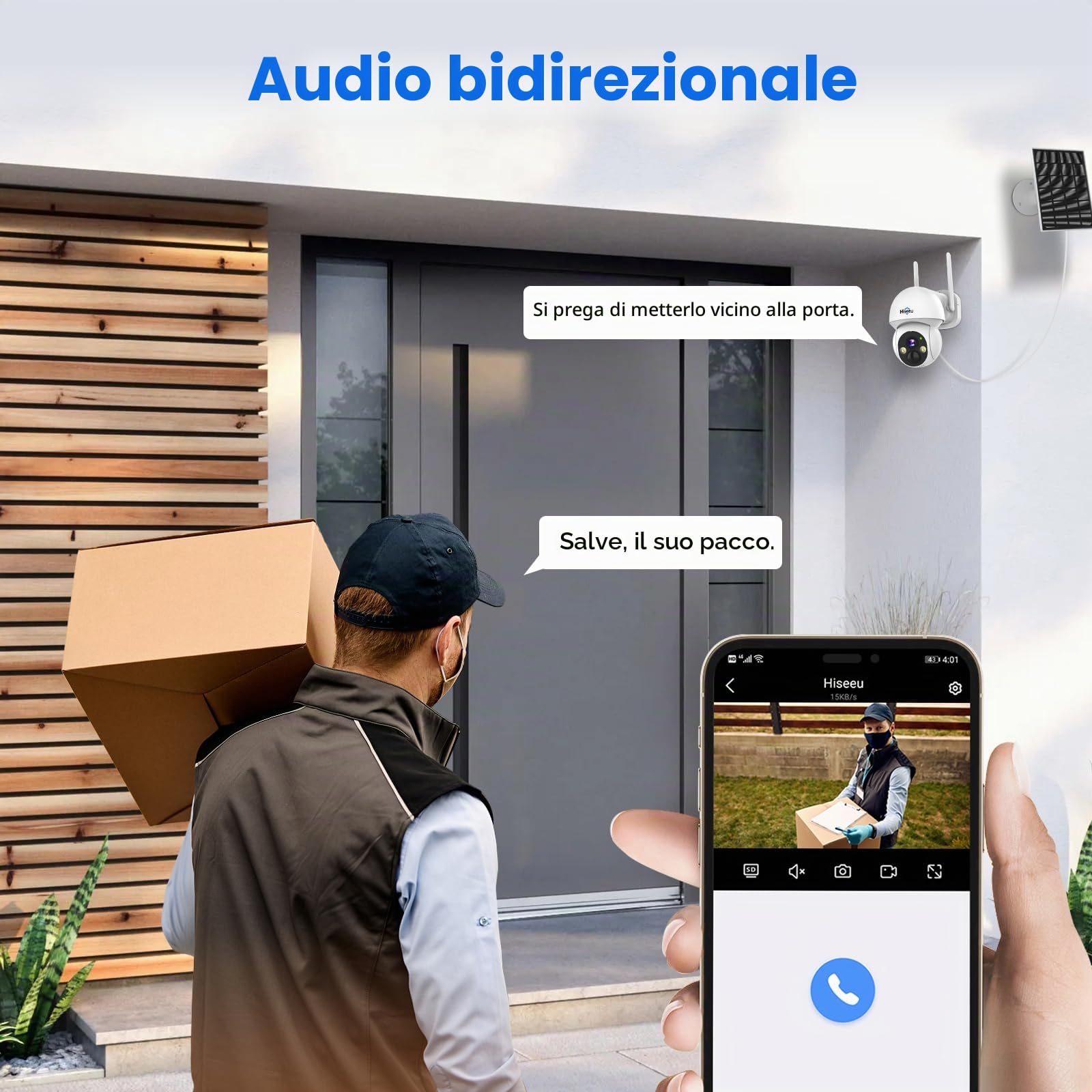 Hiseeu 2K Telecamera Wi-Fi Esterno Senza Fili Solare, Visione Notturna a Colori, 4MP 2.4G/5G WiFi 360 PTZ Telecamera con Pannello Solare, Rilevazione di Movimento PIR, Allarme APP Compatibile Kit