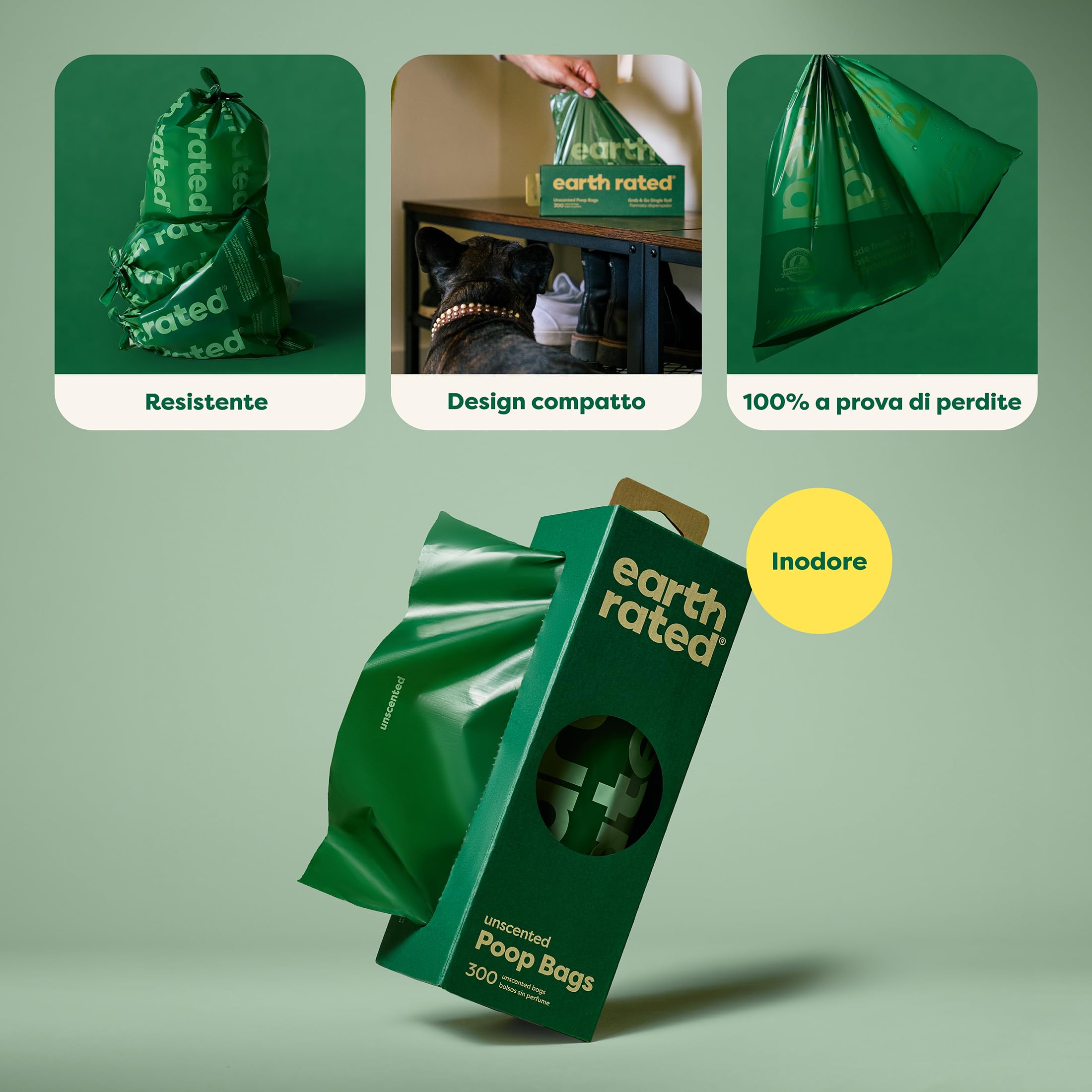 Earth Rated - Sacchetti igienici per cani - Sacchetti per escrementi animali a prova di perdite extra spessi, ottimi per raccogliere in giardino - Rotolo singolo pronto all’uso - Inodore - 300 pezzi