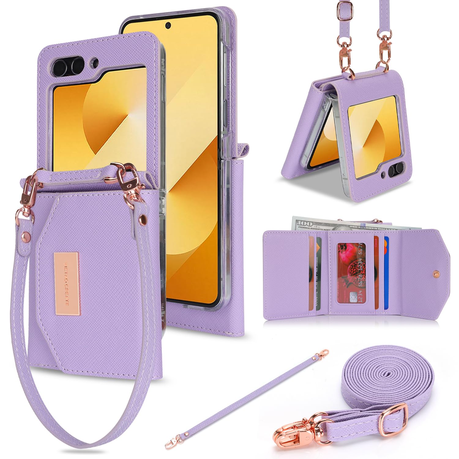 AJDJTEN Phone Case for Samsung Galaxy Z Flip 6/Flip 7 FE, Crossbody Wallet Phone Cover with Card Holders Cash Slot Wristlet Strap, Fashion Leather