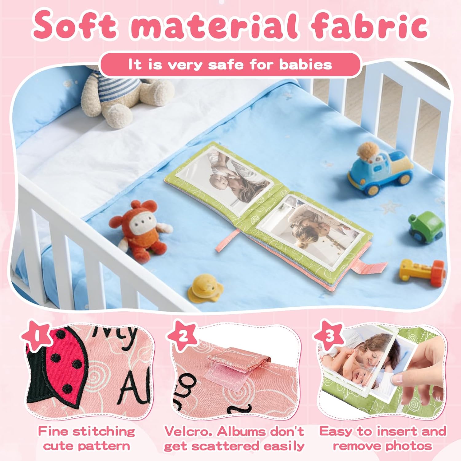 Baby Soft Photo Albums My First Family Album Soft Cloth Baby Photo Book My First Family Photo Album -Soft Cloth,Baby Safe,Holds 4x6 Photo Album (Pink)