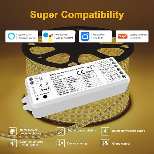 Miniatura 4 de Controlador LED WB5 5 en 1 Control Bluetooth 2.4GHz Regulable CCT RGB RGBW RGBCCT COB Tiras LED - Compatible con Tuya App Echo Alexa Google Home