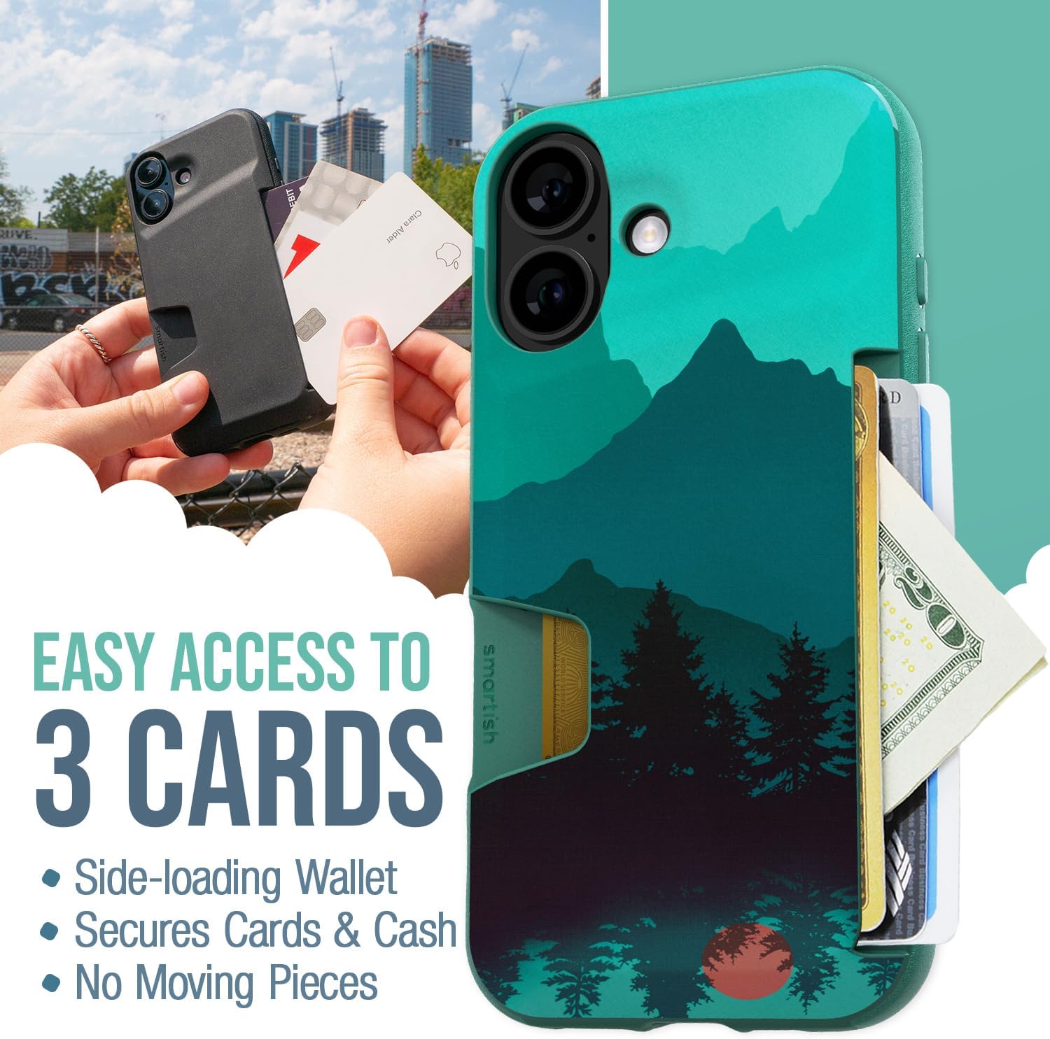 Smartish® iPhone 16 Wallet Case - Wallet Slayer Vol. 1 [Slim + Protective] Credit Card Holder - Drop Tested Holds 4 Cards Hidden Flip Card Slot Cover Compatible with Apple iPhone 16 - Moving Mountains