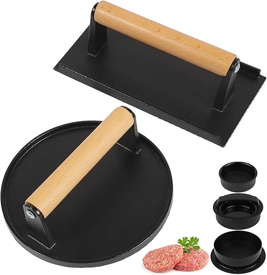 Smash Burger Press, Heavy-Duty Cast Iron Grill Press, 7-Inch Round & 8.2" x 4.3" Rectangular Bacon Press, Wood Handle Steak Press for Meat, Sandwich, 2.1 lbs Cooking Weight