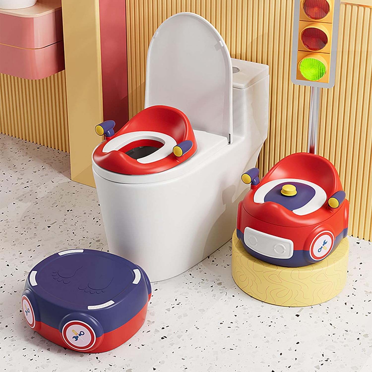 Baby Training Toilet,Portable Cute Car Shape Children Multifunctional for Home Potty(Red Blue)