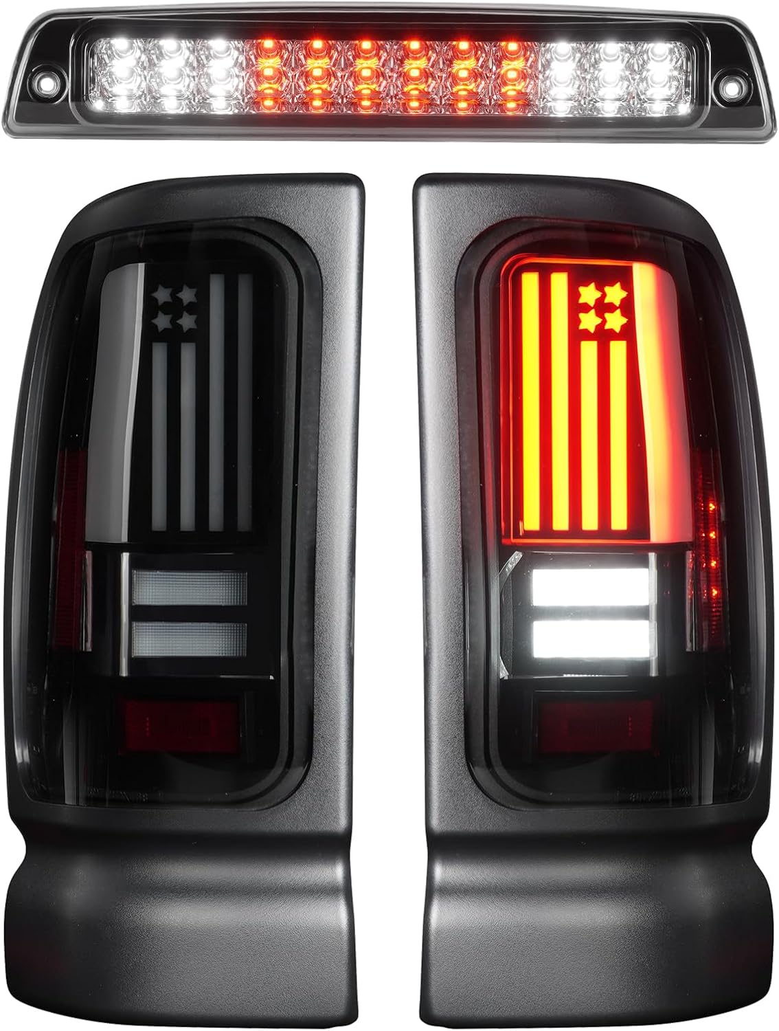 LED Tail Light + 3rd Brake Light Kit Fit for Dodge Ram 1500 1994-2001, for Ram 2500 3500 1994-2002, Taillights and High Mount Stop Light, 3 Pcs, Smoke Lens