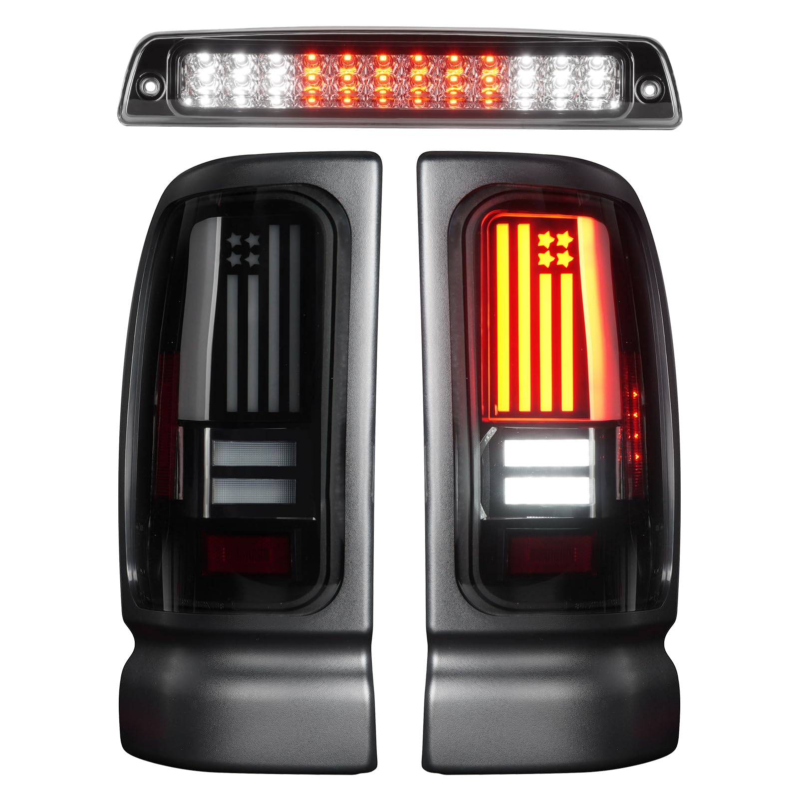Bomusou LED Tail Light + 3rd Brake Light Kit Fit for Ram 1500 1994-2001, for Ram 2500 3500 1994-2002, Taillights and High Mount Stop Light, Smoke Lens