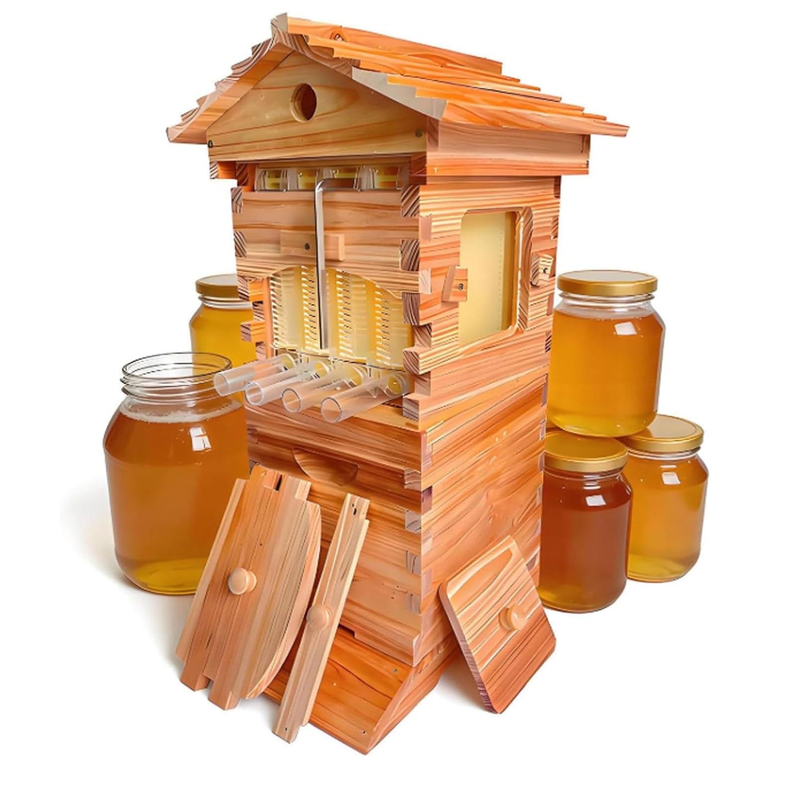 Pnpaea Beehive Starter Kit with Observation Window, Honey Spout, 4 Frames, and 6 Honeycomb Trays with 4 Frames, and 6 Honeycomb Trays,for Garden Pollinators and Beekeeping