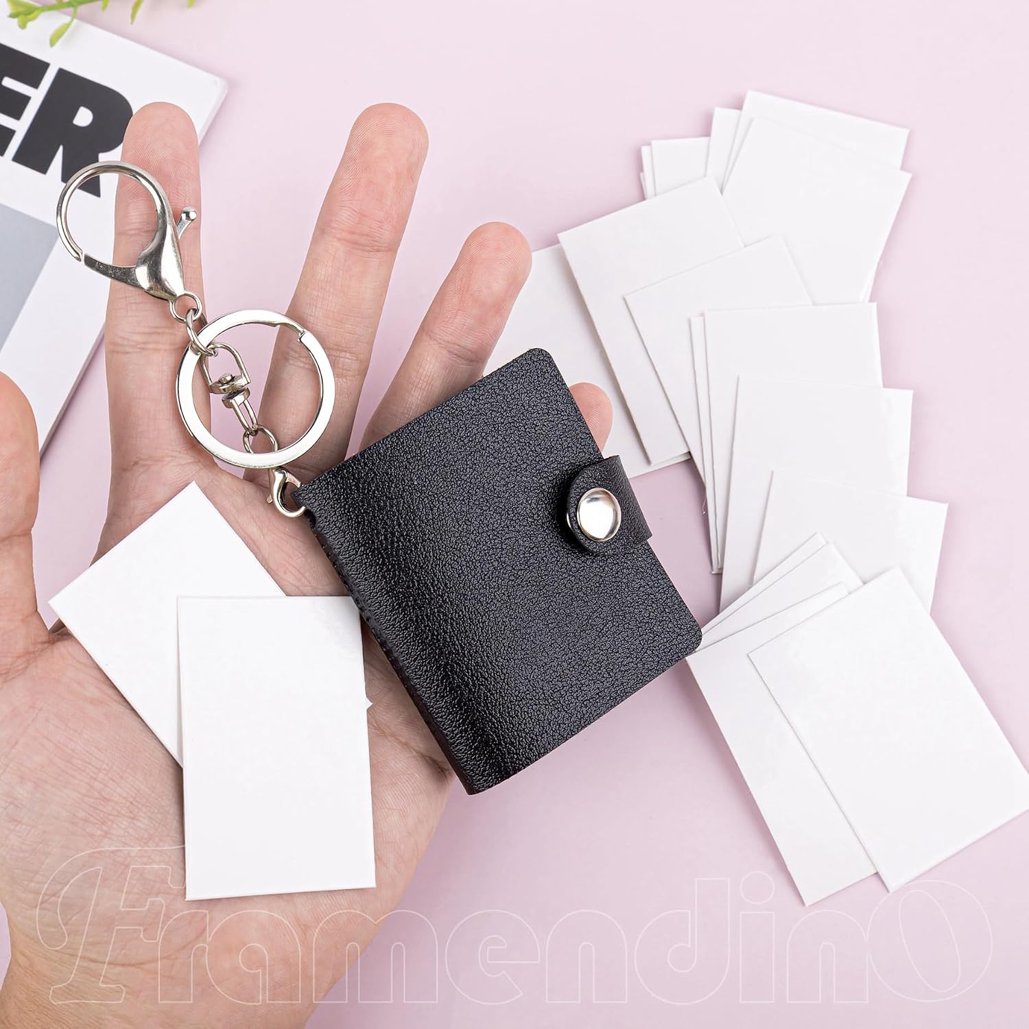 Framendino, Sublimation Scrapbook Blank Photo Album Keychain with 20 Pack Mini Personalized Picture Sheet for DIY Crafts Black