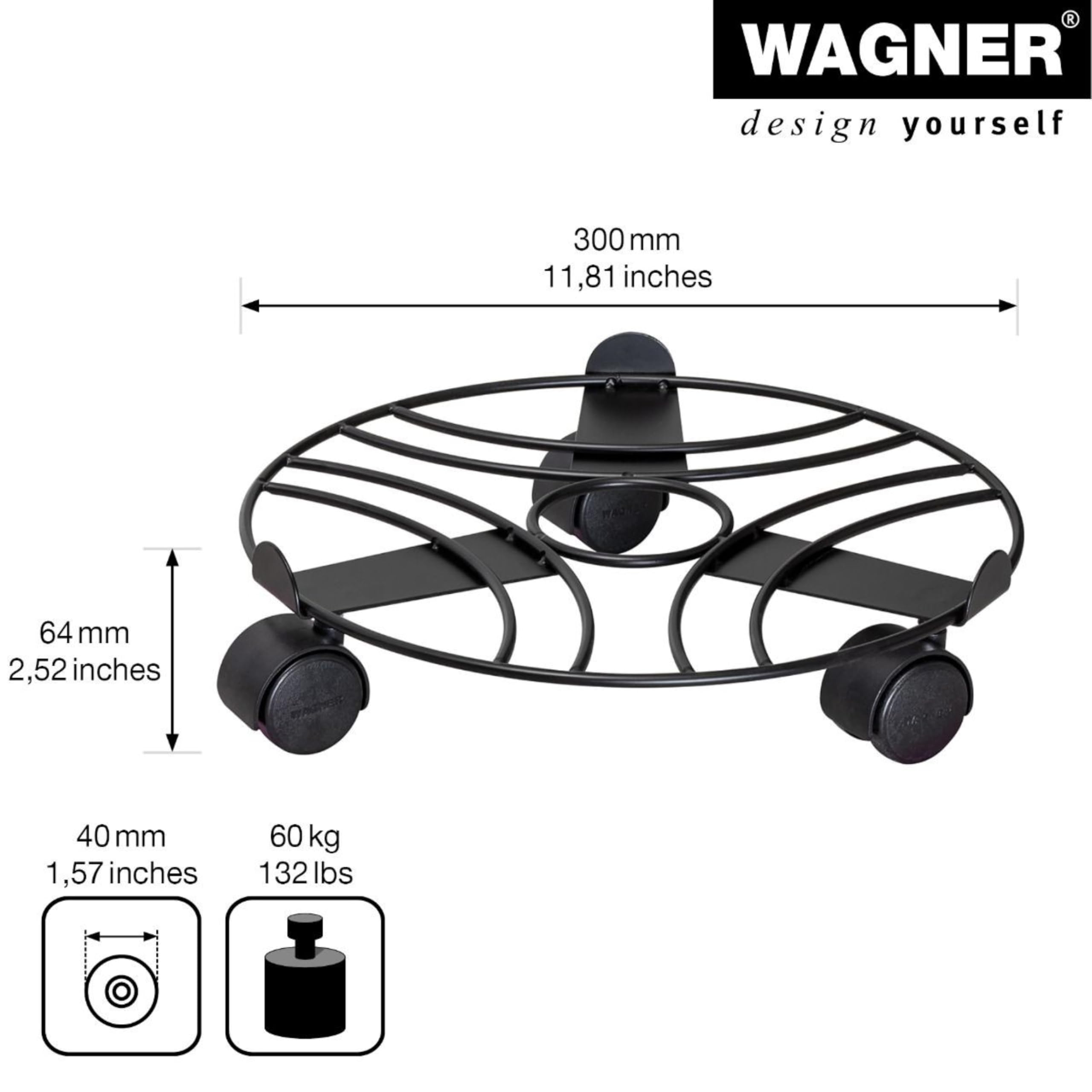 WAGNER Pflanzenroller Black Edition - 30cm Stahl, Trägt 60kg