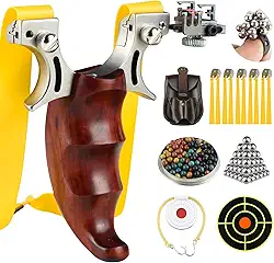 Estilingue de caça, estilingue tático profissional adulto de aço inoxidável, cabo de madeira, faixa de borracha com munição, saco de munição, papel alvo