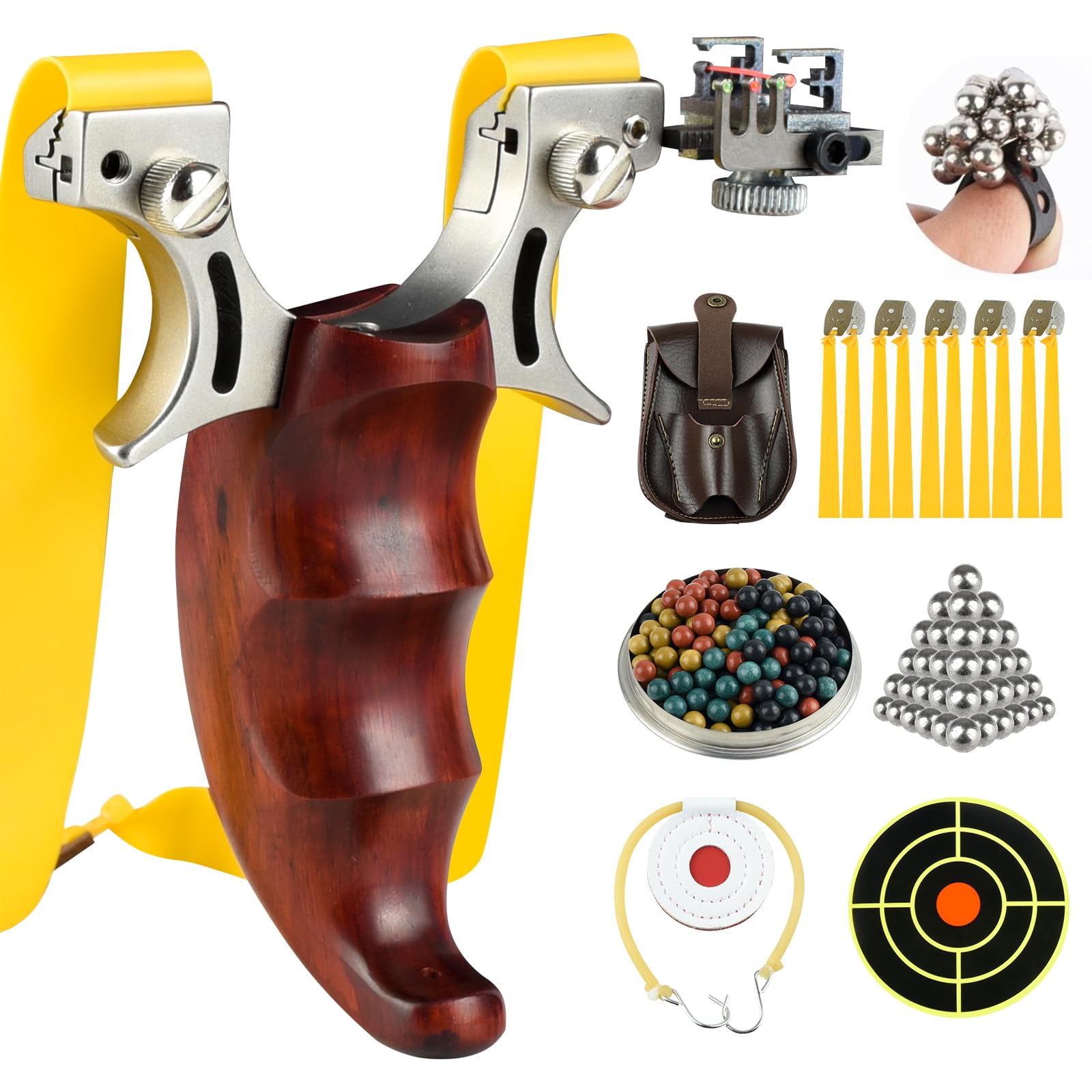 Slingshot, Hunting sling shot, Adult Professional Stainless Steel Tactical Slingshots, Wooden Handle, Rubber Band with Ammo, Ammunition bag, Target paper