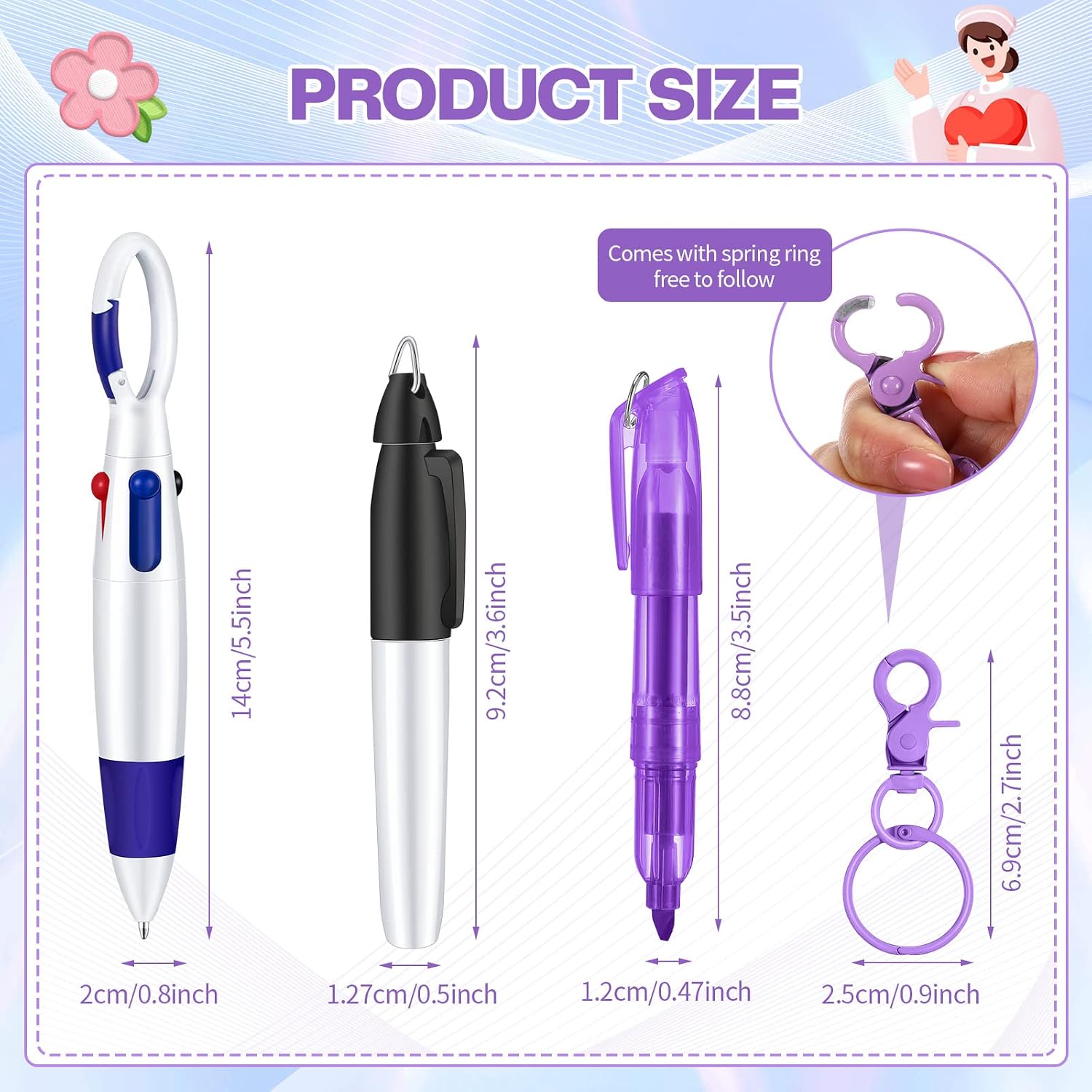 Colarr Badge Pens for Nurses, Include Tip Permanent Marker Pen Retractable Ballpoint with Nursing Keychain Clip(Purple)
