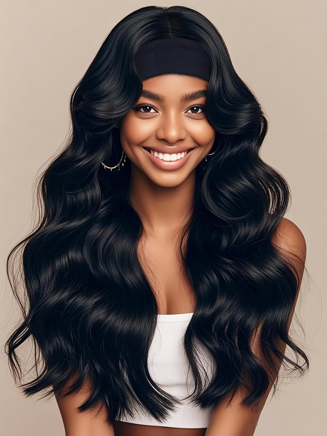 Body Wave Headband Wig Human Hair for Black Women Glueless No Lace Front Brazilian Virgin Human Hair Headband wigs 180% Density Wear and Go Machine-Made Natural Look (16in) 16in BW