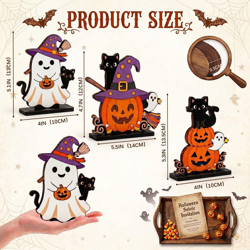 Halloween Wooden Tabletop Signs Centerpiece, Spooky Cute Desk Decor for Office Indoor Home, Funny Tiered Tray Decorations Mantel Shelf Room Party Ornaments (Ghost, pumpkin and black cat) image 2