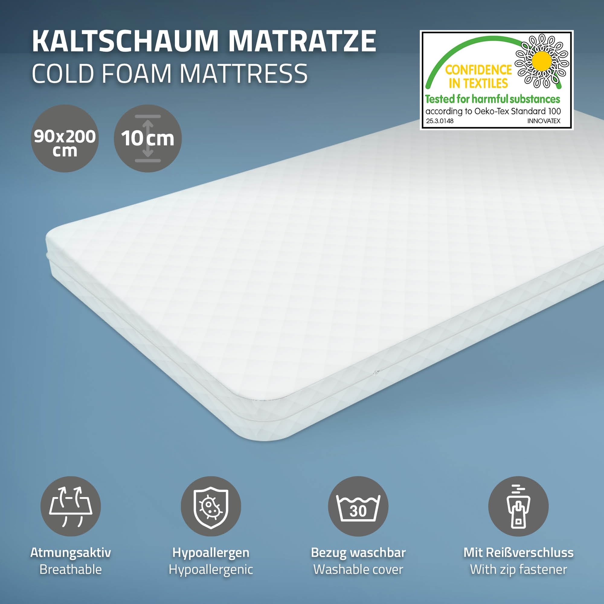 ML-Design Colchón para Cama Infantil 90x200x10 cm Espuma Fría Poliéster Testado para Sustancias Nocivas Hipoalergénico Certificado Oeko Tex 100 con Cremallera Y Funda Lavable para Cuna De Bebé Niños