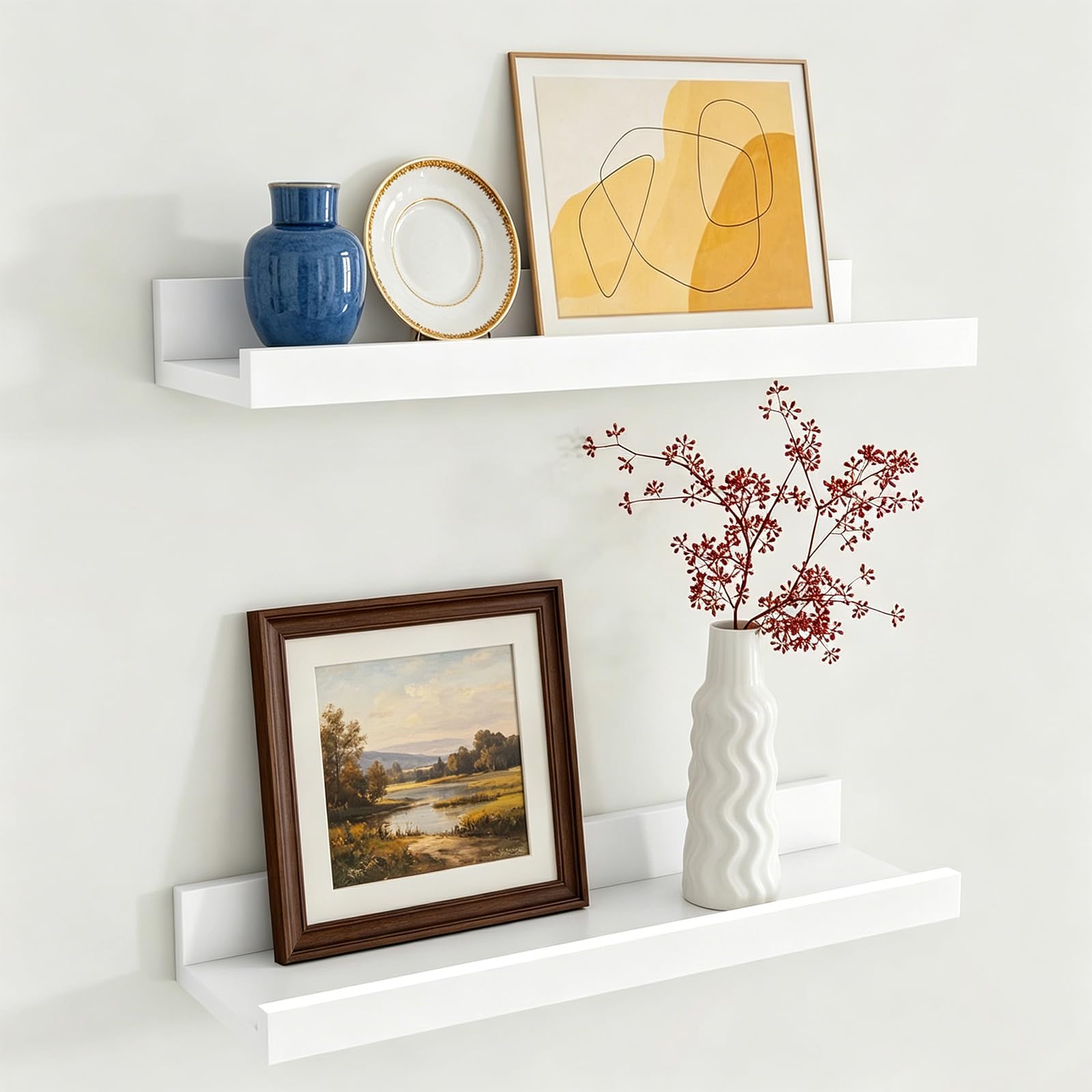 XunHe White Floating Shelves for Wall Set of 2-40CM/15.6Inch Solid Wood Picture Ledge Shelf with Protective Lip, Nursery Bookshelf and Wall Mount Display Shelves for Bedroom, Living Room, Home Decor
