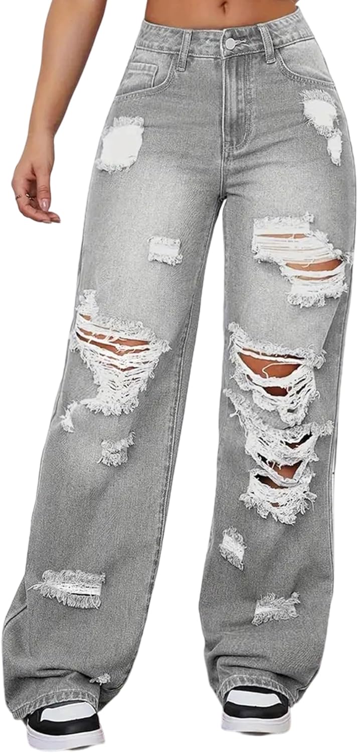 SHINFY Women's High Waisted Wide Leg Ripped Jeans Y2K Baggy Boyfriend Jeans Distressed Denim Pants