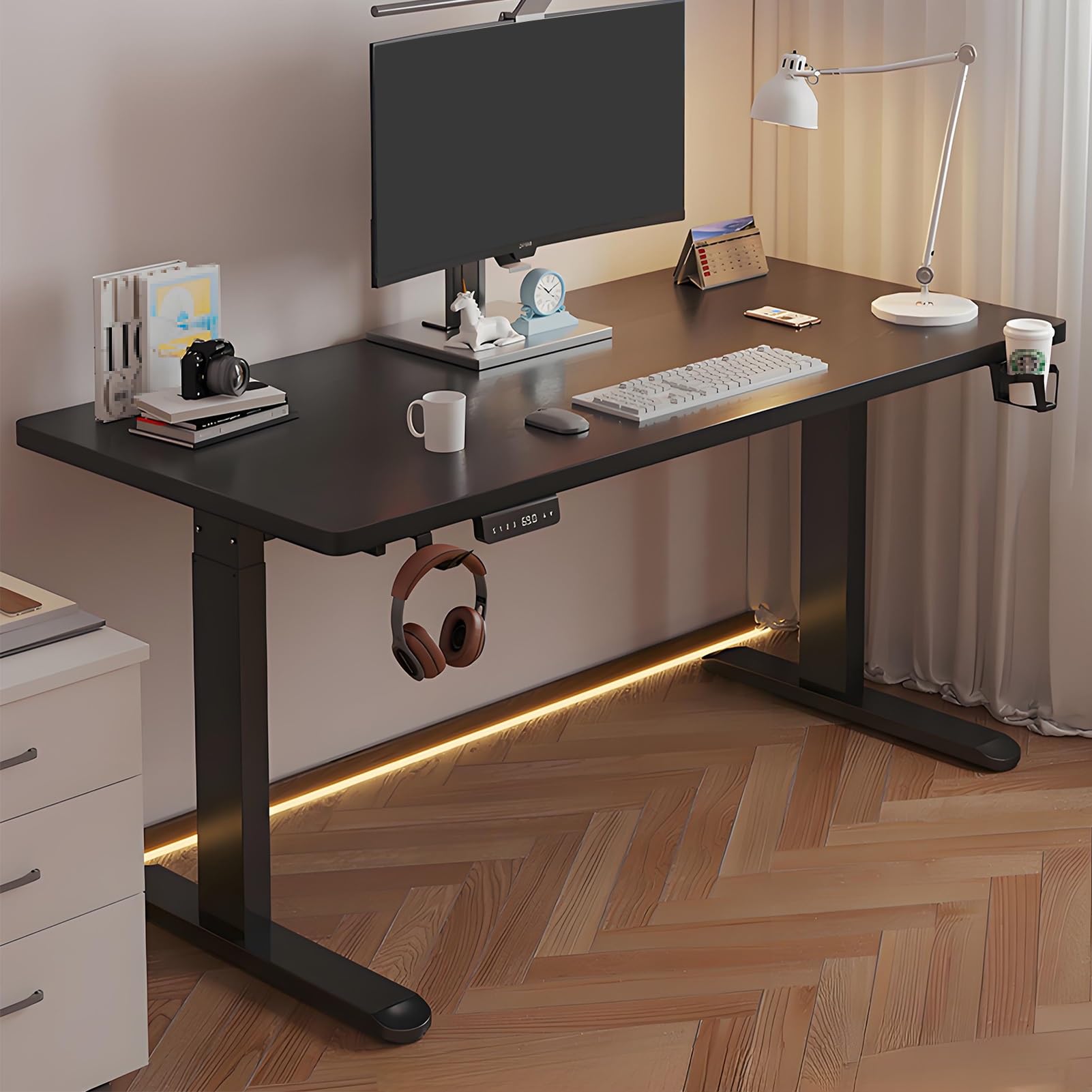 MYUYEE Height Adjustable Standing Desk With 3 Memory Presets - Gaming Desk For Home Office With Headphone Hook And Cup Holder (Black-120X60Cm)