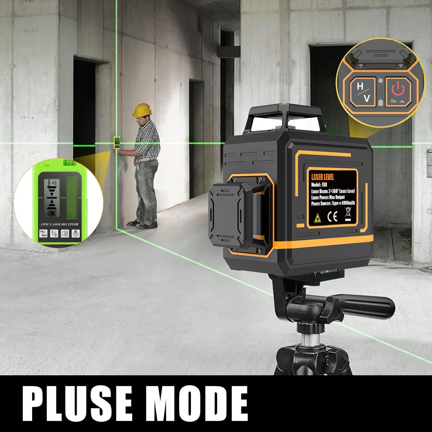 Laser Level, 8 Lines Laser Level Tool 2x360° Green Line Cross for Leveling Tool for Construction and Picture Hanging,100ft Self Leveling Laser Level,with Rechargeable Battery & Type-C Charging Port