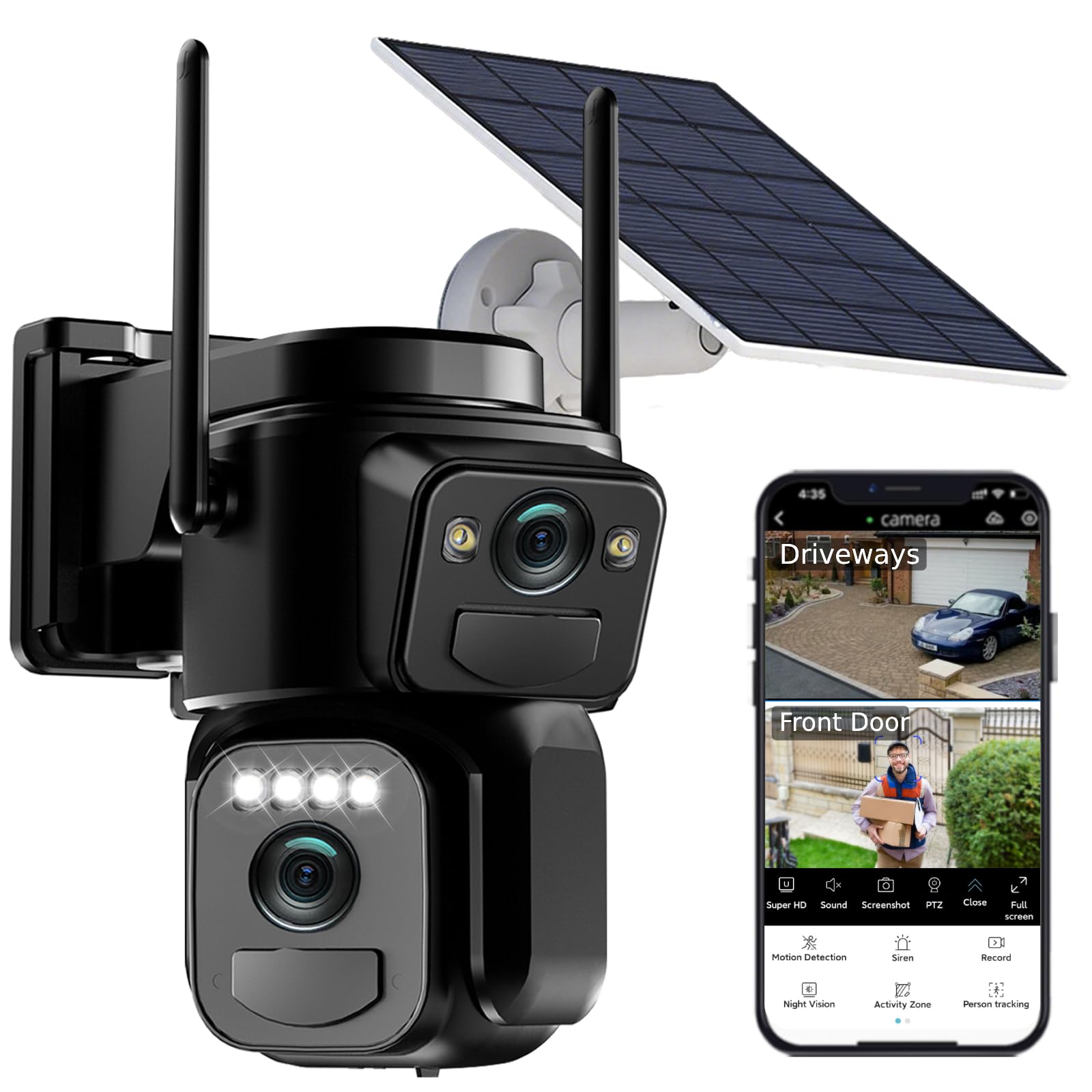 Uniter 4K Dual Lens Solar Security Cameras Wireless Outdoor, 2.4G/5G WiFi, 360° Pan/Tilt Camera Surveillance Exterieur with Color Night Vision/Motion Detection/Spotlight Siren/2-Way Audio/Waterproof