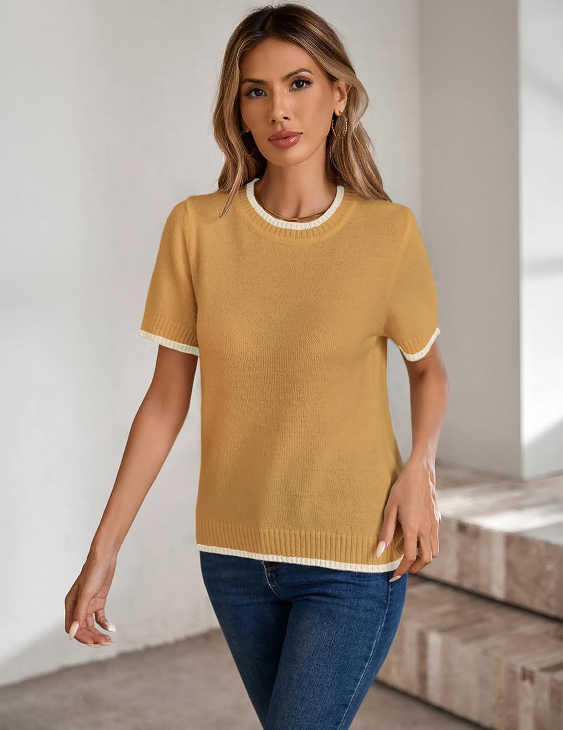 Womens Lightweight Cute Short Sleeve Sweater Spring 2025 Trendy Outfits Crewneck Thin Sheer Knit T-Shirt Tops - Image 5