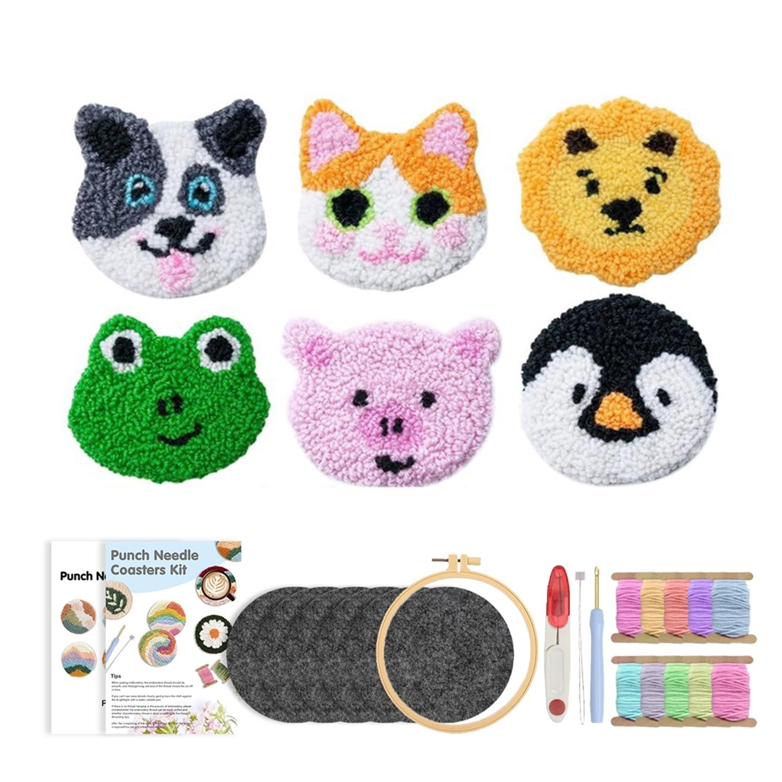 1set Punch Needle Embroidery Kit DIY Stitching Coasters Needlecraft Dog Pattern Tufted Rug Pads With Felt Yarns For Beginners for DIY(Color2)