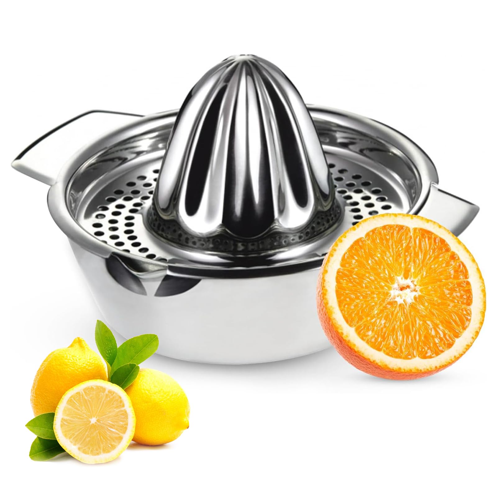 Manual Lemon Juicer 304 Stainless Steel Orange Squeezer, Lime Citrus Fruit Press Heavy Duty Screw Top Lemon Squeezer with StrainerοΌ 350ml Container, 2 Pour Spouts, Γ 13.8 Cm, Dishwasher Safe