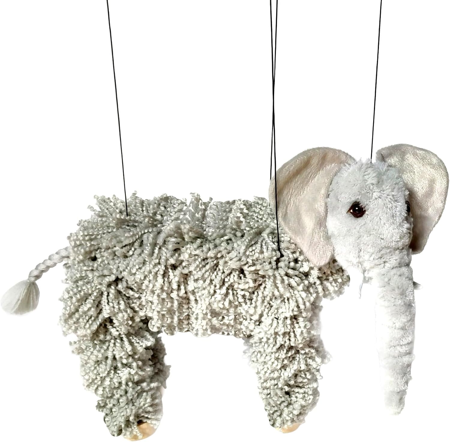 Artisan Owl Elephant Marionette Puppet - Yarn Elephant with Wooden Feet, Detachable Strings