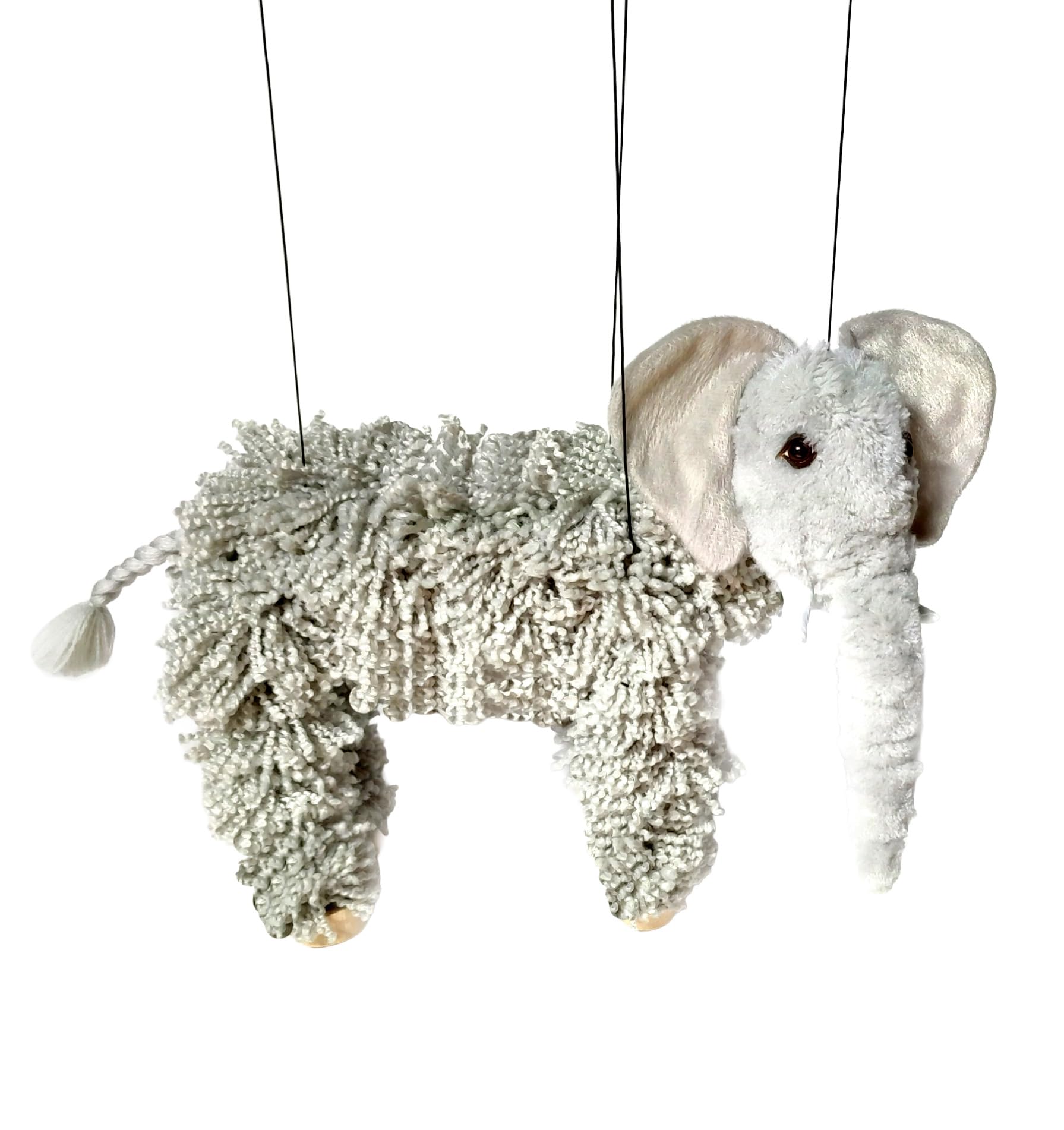 Artisan Owl Elephant Marionette Puppet - Yarn Elephant with Wooden Feet, Detachable Strings