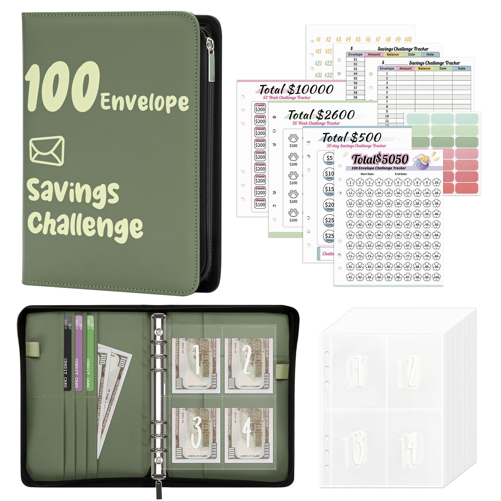 Ospelelf 100 Envelopes Money Saving Challenge Book Zipper Closure Leather 52 Weeks Savings Challenges Budget Planner Binder to Save $10000 $5050 Green