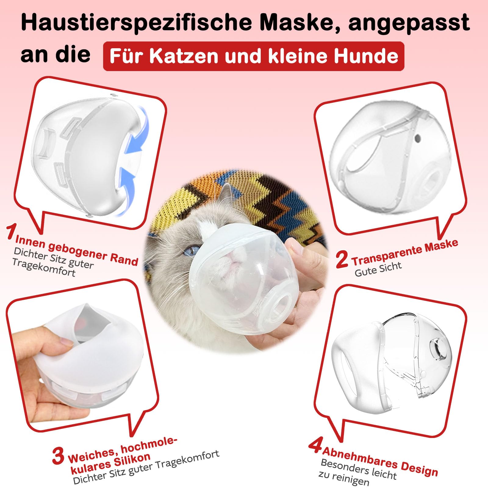 Katzenvernebler & Haustier-Inhalationsmaske, geräuscharm, für Katzen & Welpen, Rosa S