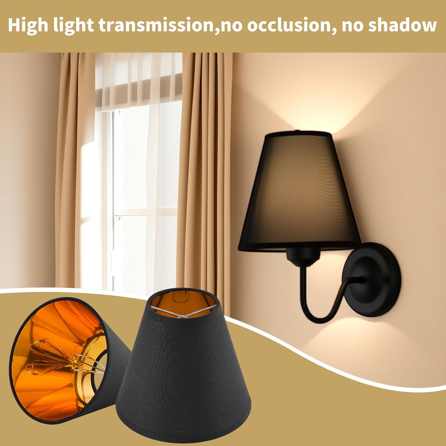 Clip On Lamp Shade - Black Outside Gold Inside Drum Shade for Chandelier, Table Lamp Cover Replacement, 3" X 6" X 5", Set of 6