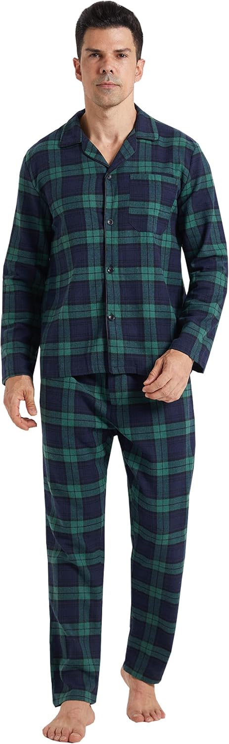 Mens Flannel Pajamas Set Cotton Plaid Pjs Button Down Warm Soft Lounge Sleepwear Top & Pj Pants with Pockets
