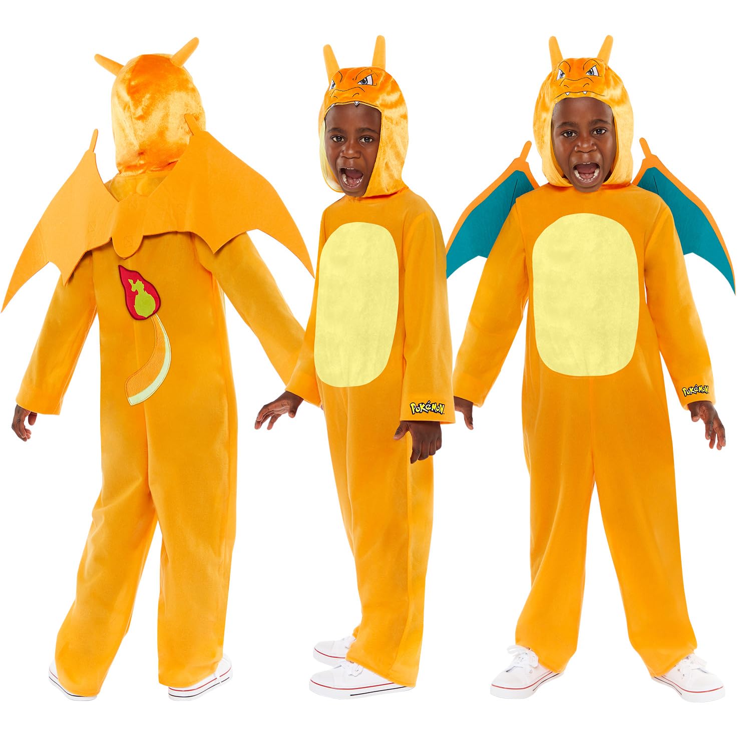 Amscan 9918509 – Offiziell lizenzierter Unisex-Overall „Pokémon Glurak“ mit Kapuze, Kostüm für Kinder, Alter: 8-10 Jahre (134 cm), Orange/Gelb