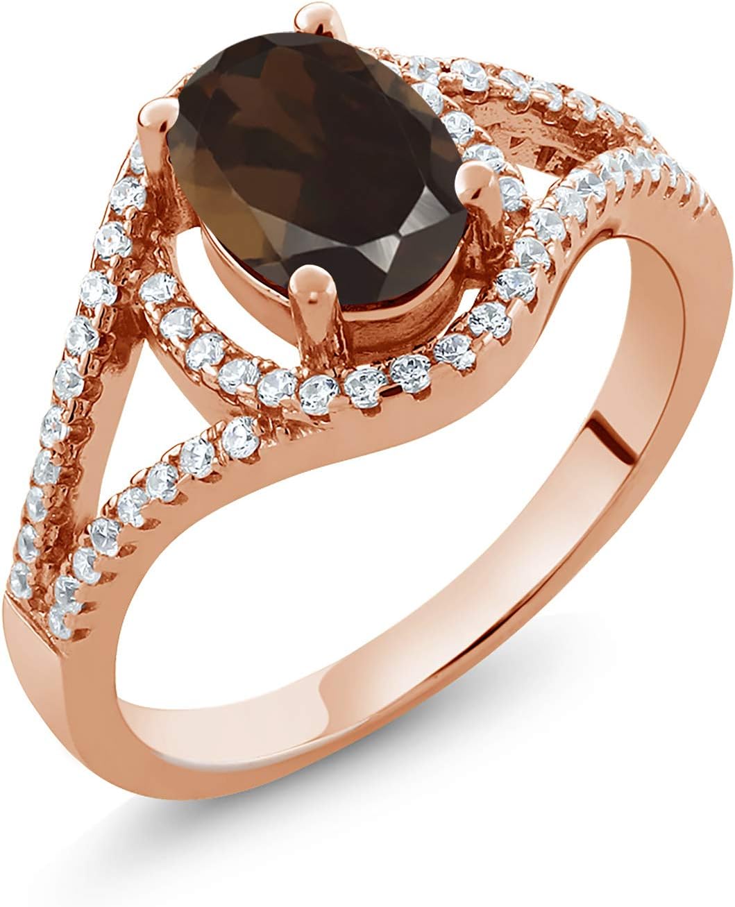 Gem Stone King 1.91 Ct Oval Brown Smoky Quartz 18K Rose Gold Plated Silver Ring