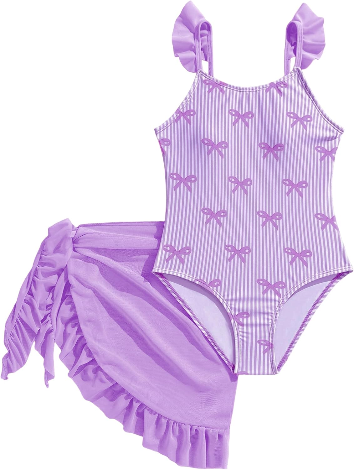 Girls One Piece Swimsuits Ruffle Straps Bow Stripe Print Cute Bathing Suits with Mesh Swim Cover Up Skirt