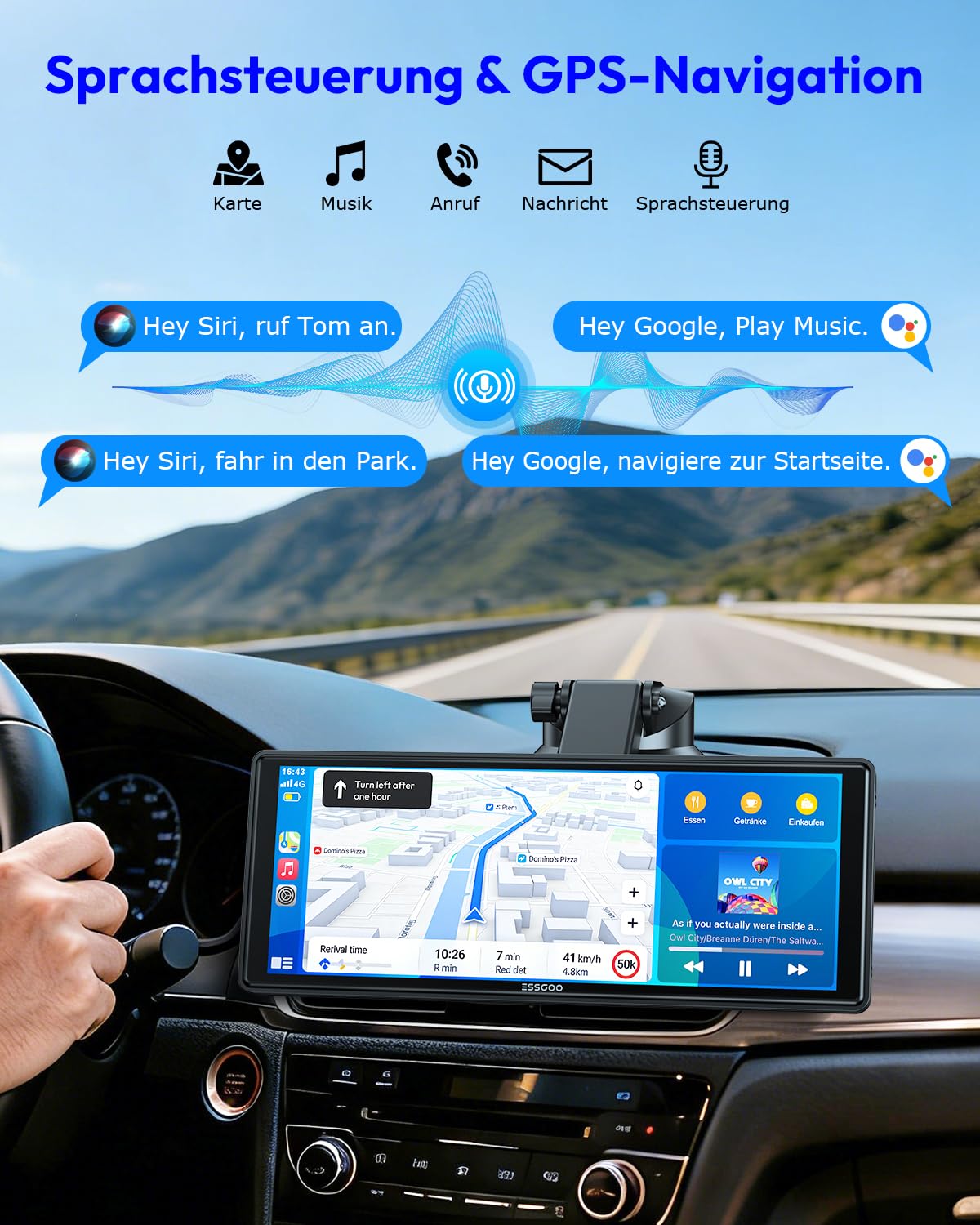 ESSGOO Carplay Android Auto Display10.26 Zoll,A-pple Carplay Bildschirm für AirPlay/Mirror Link,Car Multimedia Player mit Wireless Touchscreen,GPS Navigation,Bluetooth5.3,Sprachassistent,AUX,Autoradio