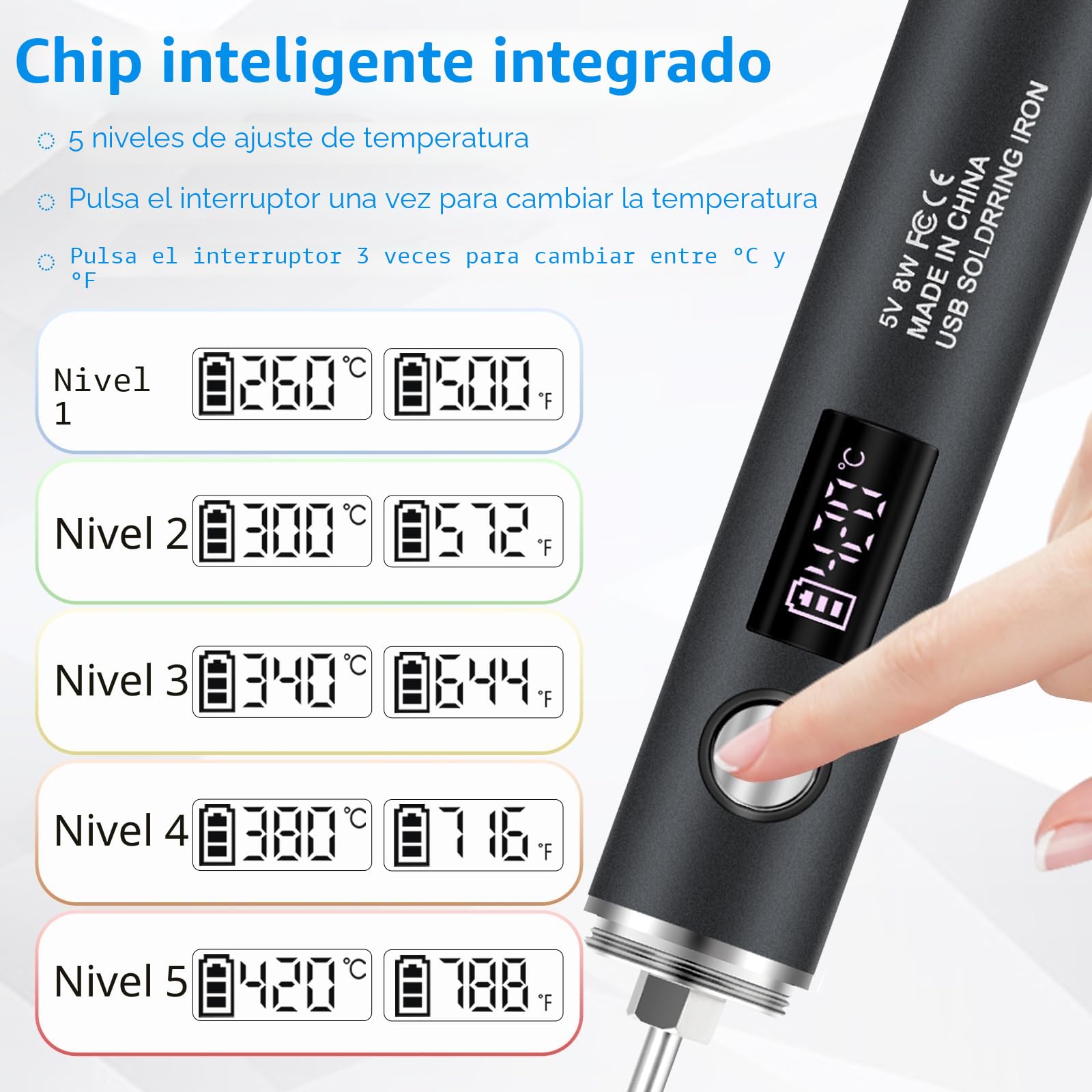 diymore Kit de soldador de batería USB-C, juego de soldador inalámbrico con pantalla LCD, temperatura ajustable de 5 velocidades 260℃-420℃, con 3 puntos de soldadura para proyectos de reparación y