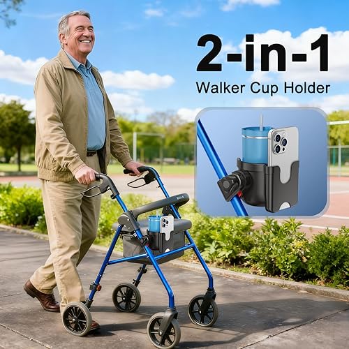 Miniatura 6 de Guiseapue Portavasos para caminante, portavasos para silla de ruedas con soporte para teléfono, accesorios para personas mayores y adultos, soporte