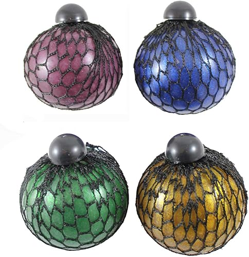 Juego de 4 bolas de malla de burbujas metálicas con purpurina de 3 pulgadas, bola antiestrés blanda con red de red, bola antiestrés que cambia de